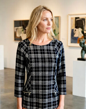 Talbots Zipper Detail Black and White Plaid Long Sleeve Top Jacquard S